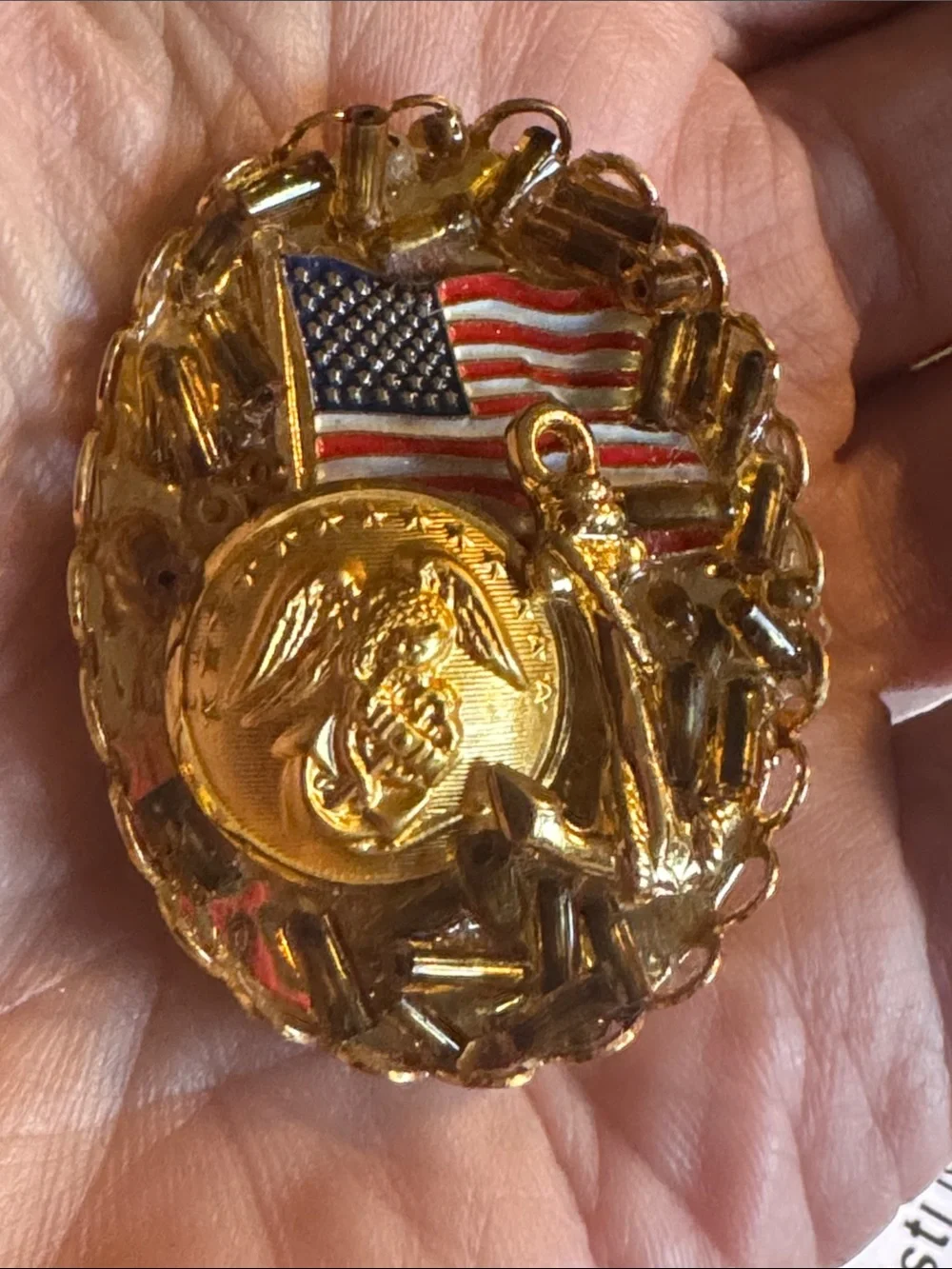Patriotic usmc Gold-tone Eagle & Flag Brooch